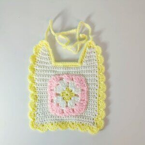 Vintage Handmade Crochet Baby Doll Bib Pastel Yellow White Tie Closure